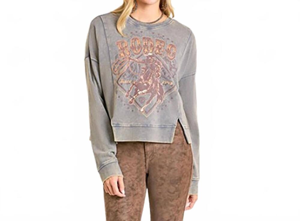 NEW ROCK & ROLL DENIM cowgirl rodeo vented crewneck sweater in grey